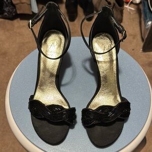 Adrianna Papell Black Heels with Ankle Strap and Decorative Appliqué